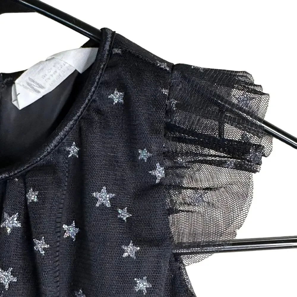H&M Tulle Midi Dress Silver Star Print Ruffle Shoulders A-Line Lined Black 3-4Y